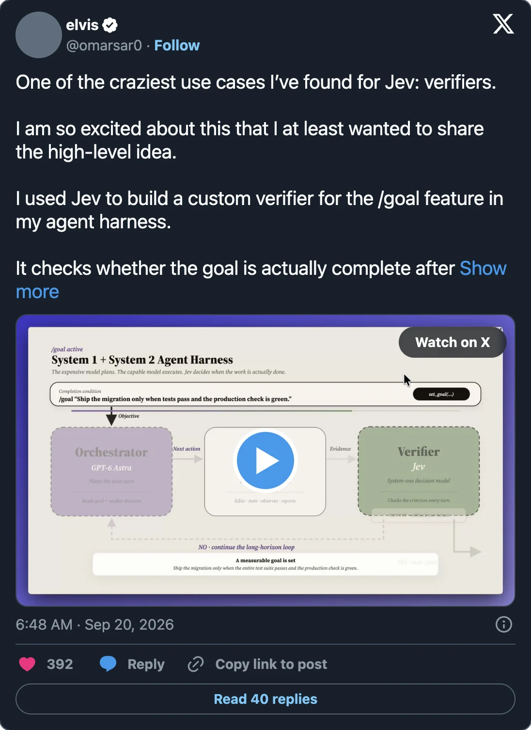 X post showing an author-reported Jev goal-completion verifier for an agent harness